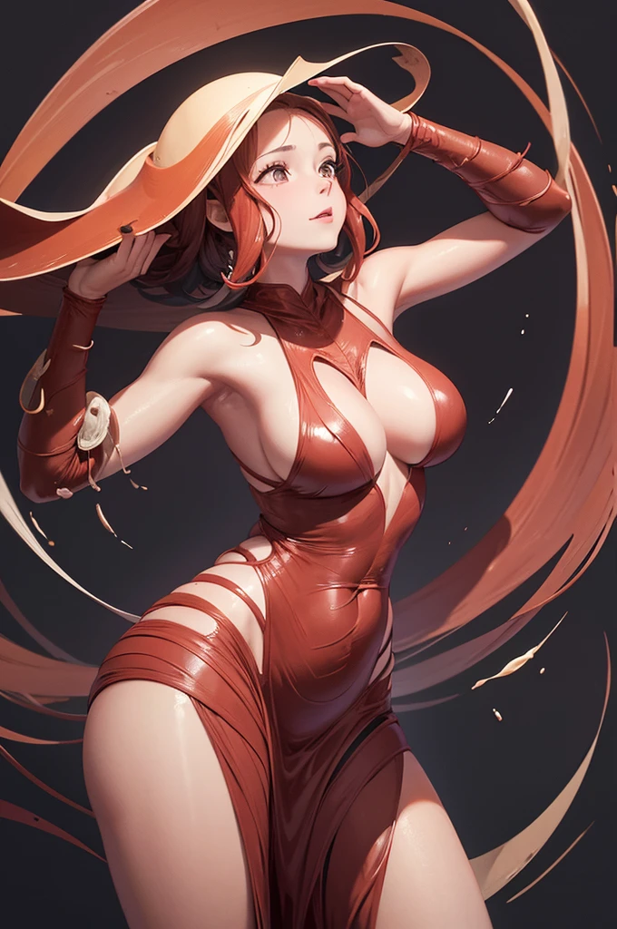 Woman inside the body of an earthworm,The upper half of the body is sticking out from the tip of a large earthworm.,The body of the earthworm has been distorted into the shape of a woman's body.,Big Breasts,areola is quite large,Half naked,Sex,男性に巻き付いてSex,Dark circles around the eyes,She has her mouth full of a man's penis,A large amount of vaginal discharge is being discharged.