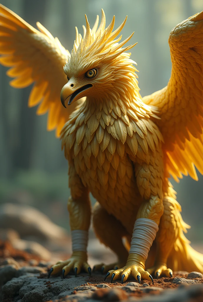 The golden Garuda bird looks sad because its leg is broken and bandaged.
