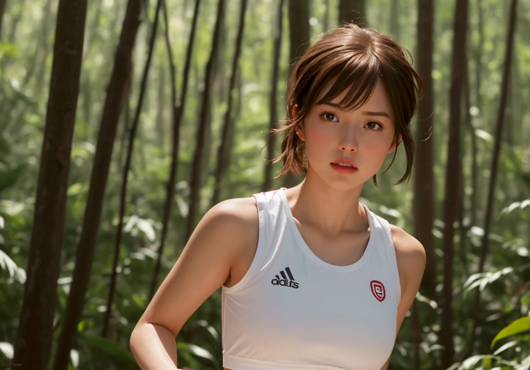 long shot, 1girl, view_at_viewer, brown_hair, realistic, white sportswear with bit coin logo, sweaty, parted_lips, running_race in the middle of the pine forest, Pixie Haircut, lips, blurred_background, breasts, brown_eyes, blurred, watermark, sleeveless , ground_vehicle, full_body