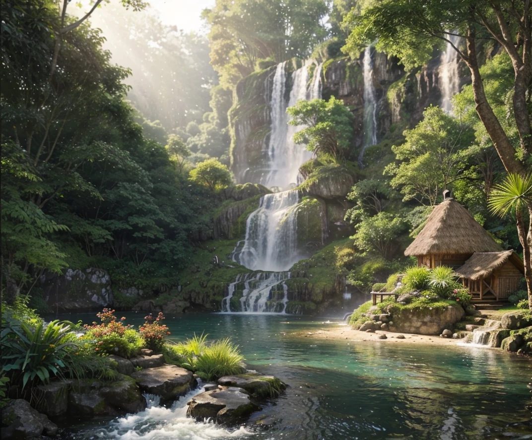 Please make me a realistic picture.
depicts a calming natural scene with a waterfall cascading down a rocky cliff into a clear, calm pool below.. Lush vegetation, including a variety of trees and shrubs in different shades of green and some with orange foliage., around the water. Sunlight filters through the canopy, illuminates part of the waterfall and gives a peaceful atmosphere to the scene..
On the left you can see a small wooden hut., pillared and roofed with bark. stairs to the cottage door.
Objects are taken from" low angle".
Photography, 3D rendering, "detailed and complicated".
"Realist "