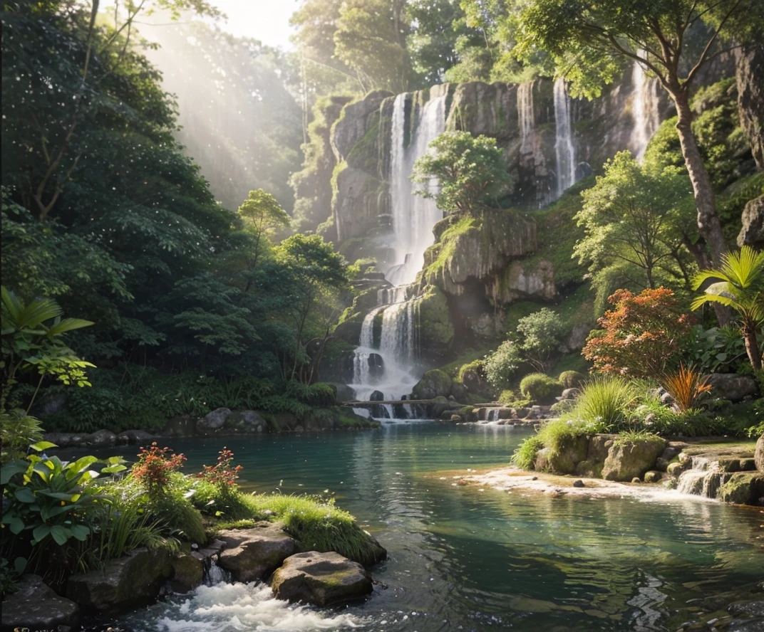 Please make me a realistic picture.
depicts a calming natural scene with a waterfall cascading down a rocky cliff into a clear, calm pool below.. Lush vegetation, including a variety of trees and shrubs in different shades of green and some with orange foliage., around the water. Sunlight filters through the canopy, illuminates part of the waterfall and gives a peaceful atmosphere to the scene..
On the left you can see a small wooden hut., pillared and roofed with bark. stairs to the cottage door.
Objects are taken from" low angle".
Photography, 3D rendering, "detailed and complicated".
"Realist "