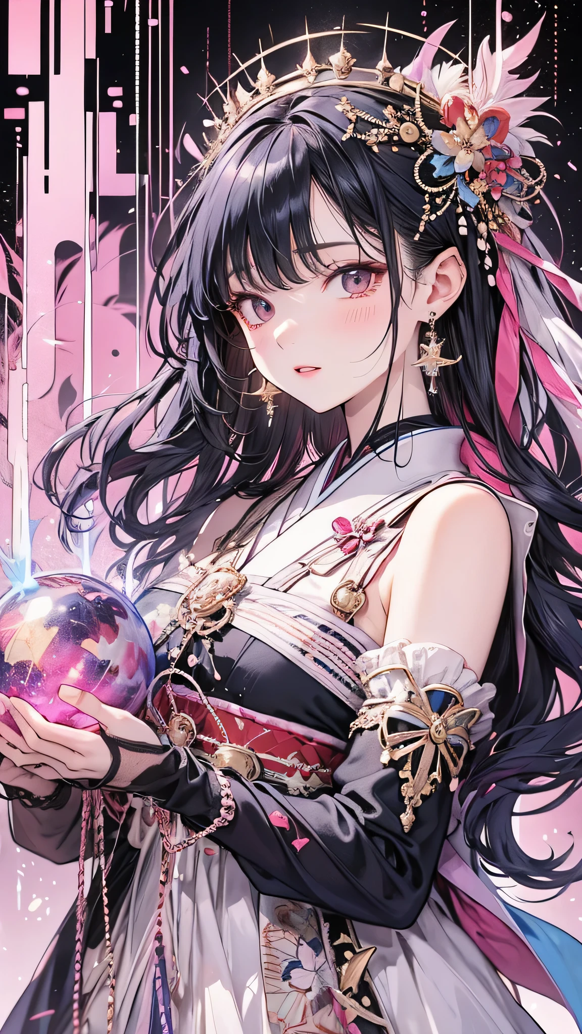 (masterpiece, Highest quality, Highest quality, Official Art, beautifully、aesthetic:1.2), (One person:1.3), Very detailed,(Fractal Art:1.1),(colorful:1.1),Most detailed,(Tangled:1.2), (Dynamic pose), (Abstract background:1.5), (Japanese clothing:1.2), (Glowing Skin), (Many colors:1.4), ,(Earrings:1.4),