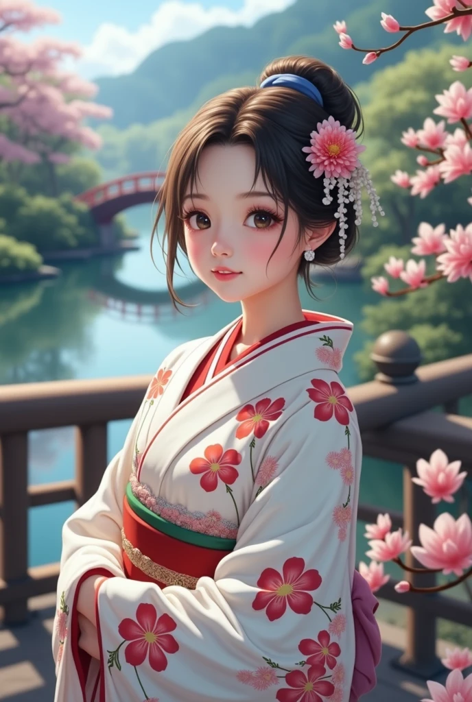 (masterpiece、Highest quality、8k、High resolution)、Traditional Japanese beauty in kimono、The best girl in anime、Floral pattern on white background、Vibrant colors、Japanese garden、There is a pond、Colorful flowers、Vibrant colors、Cherry Blossom、There is a drum bridge、A complete portrayal、Detailed anime art、