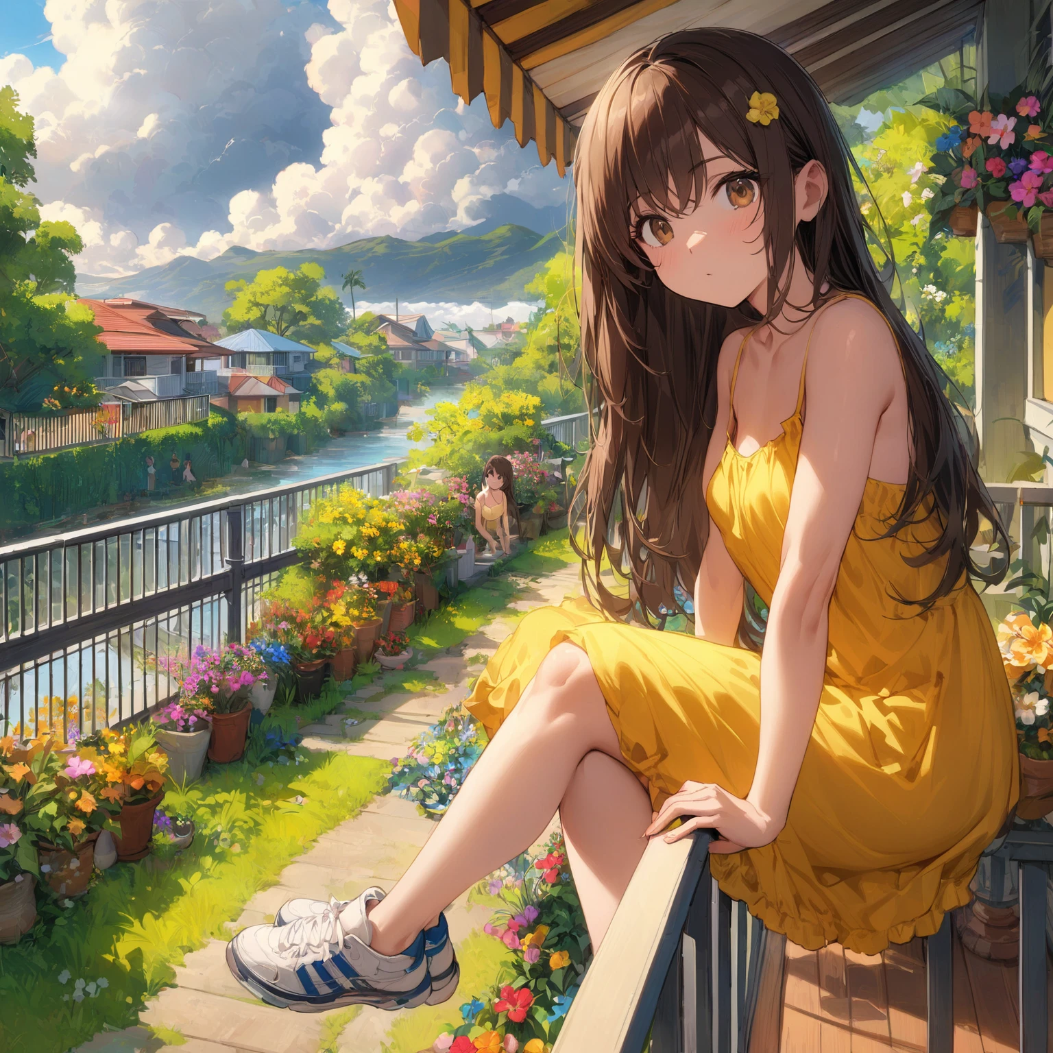 Best quality, masterpiece, hands on railing, leaning forward, porch awning, from above, balcony, railing, very long hair, brown hair, swept bangs, brown eyes, spaghetti strap yellow sundress, sneakers, toned arms, small breasts,tropical plants, neighborhood, flowers, fence, trees, river, thunderhead clouds, colorful flowers, people in background,