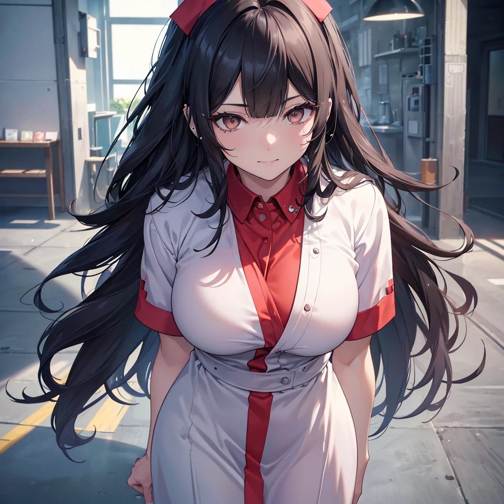 a nurse with long dark hair, piercing gaze, and a stern expression, no cap, full body view, high resolution, detailed, anime-style illustration, beautiful black hair, almond-shaped eyes, brown eyes, looking down with an intense, psychotic demeanor, large breasts, no piercings, smile,(best quality,4k,8k,highres,masterpiece:1.2),ultra-detailed,(realistic,photorealistic,photo-realistic:1.37)