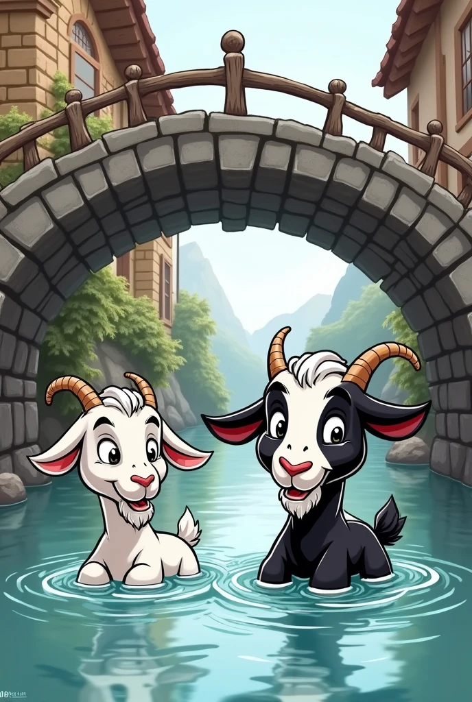 Cartoon two goat black and white swimming beneath the village bridge 