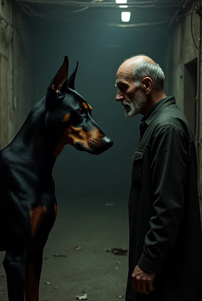 Doberman dog with a bald old man