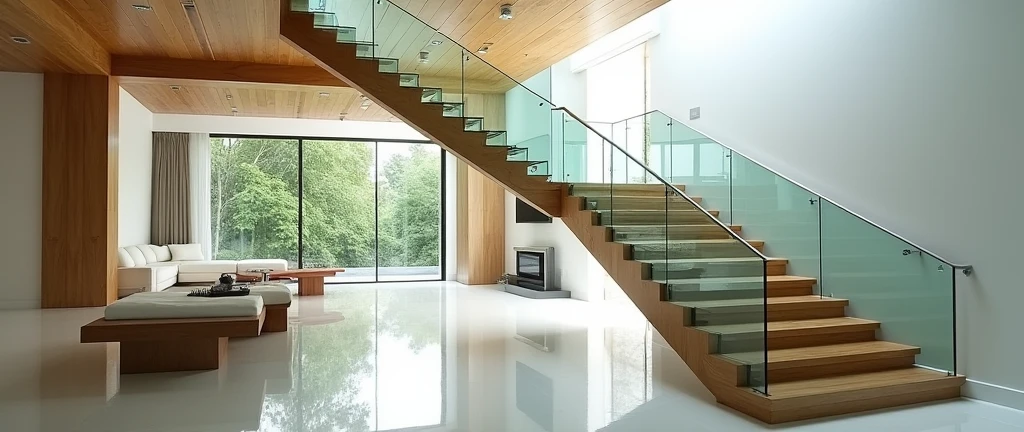 Staircase consists of glass and wood