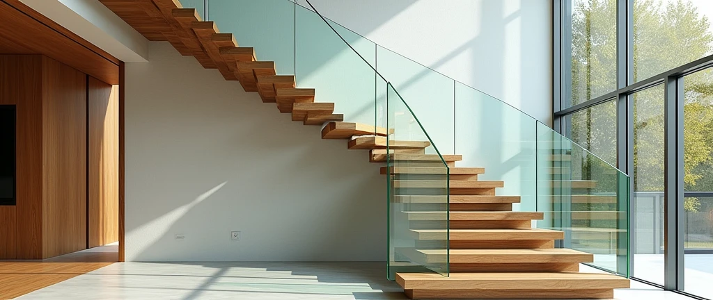 Staircase consists of glass and wood