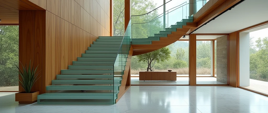 Staircase consists of glass and wood