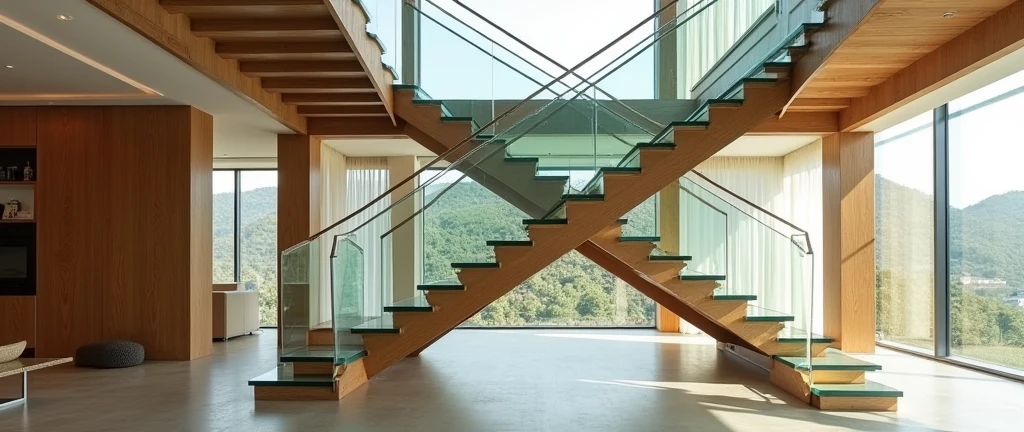 Staircase consists of glass and wood