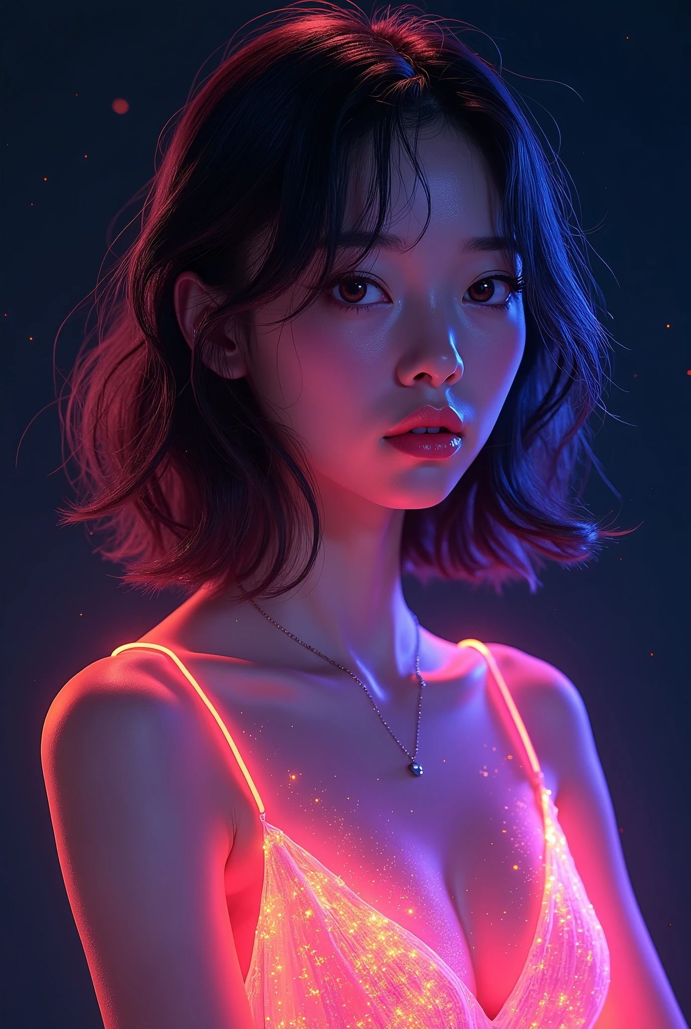 Fluorescent Color, 1 girl, Look to the side, Pretty Face, beautiful eyes, (Shoulder: 1.2), Upper Body, Shiny hair, Glowing skin, Reduce glare emissions, The fingers are in good proportion, dark, Throw, Dynamic Angle, (((Main Part))), (((Better quality))), ((Ultra Detailed)), (illustration), (Detail Light), ((Extremely exquisite and beautiful)), dramatic_shadow, Rays_track, reflection, Ultra-high resolution, laser