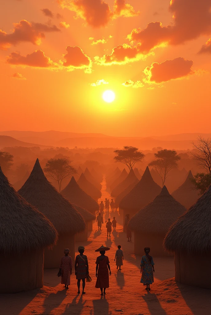 A vast African plain at sunrise, with the sun casting an orange and red hue across the sky. The camera descends to reveal a traditional Mozambican pre-colonial village bustling with early morning activity. Traditional huts made from mud and grass, with people in colorful, intricate clothing typical of the region. A sense of calm and majesty pervades the scene