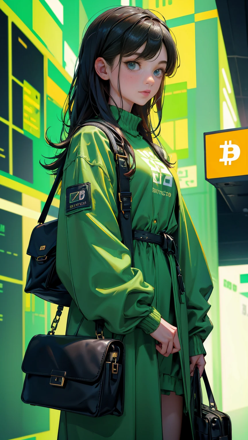 a girl holding crypto and waiting for right time to sell, bitcoin bag, She is exploring crypto market, Color theme is green