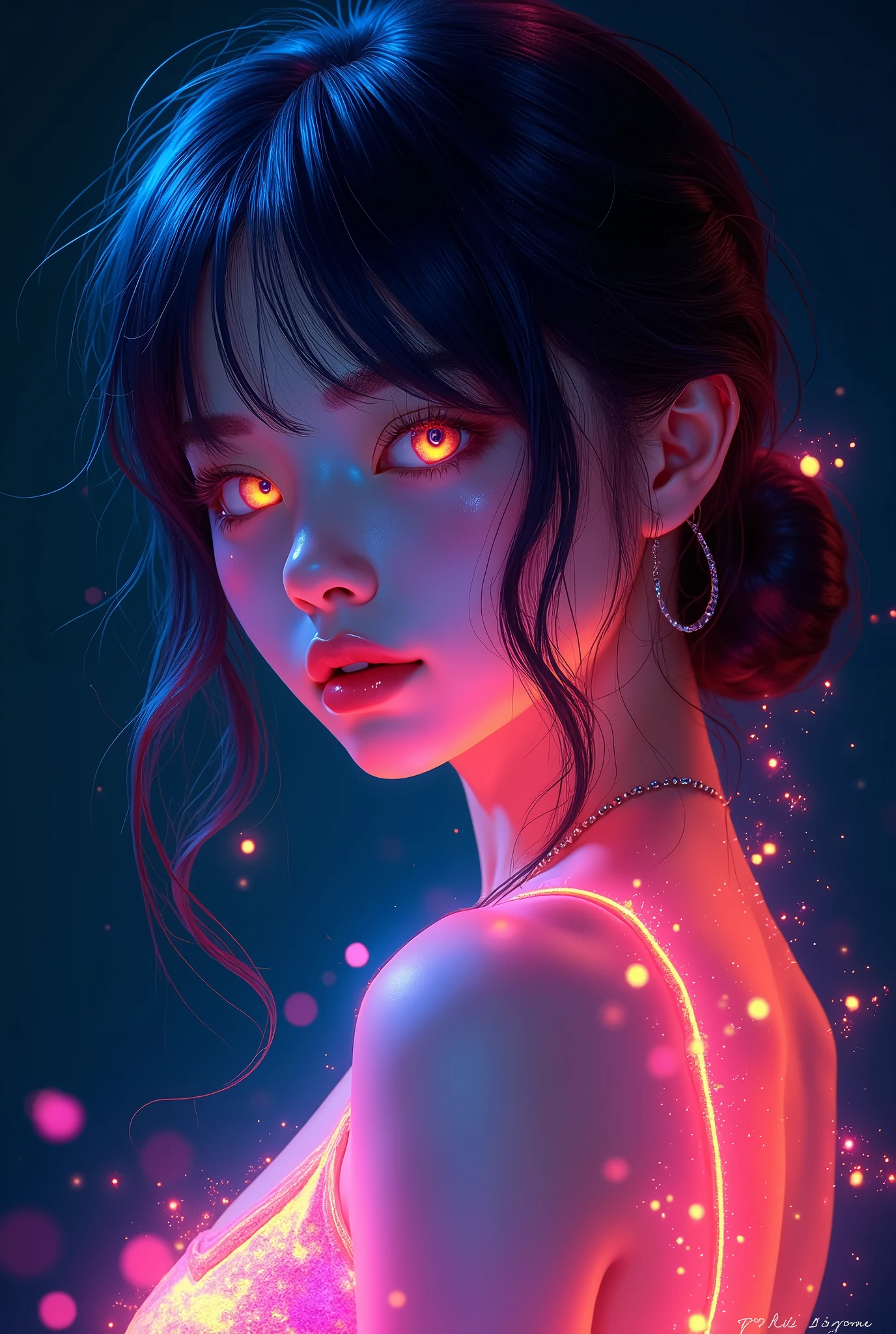 Fluorescent Color, 1 girl, Look to the side, Pretty Face, beautiful eyes, (Shoulder: 1.2), Upper Body, Shiny hair, Glowing skin, Reduce glare emissions, The fingers are in good proportion, dark, Throw, Dynamic Angle, (((Main Part))), (((Better quality))), ((Ultra Detailed)), (illustration), (Detail Light), ((Extremely exquisite and beautiful)), dramatic_shadow, Rays_track, reflection, Ultra-high resolution, laser