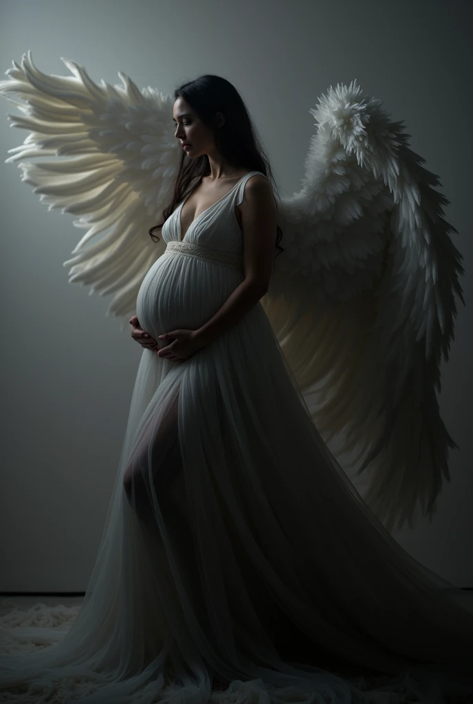 pregnant Woman frock created from clouds, white wings . bright white drematic image . black hair . 