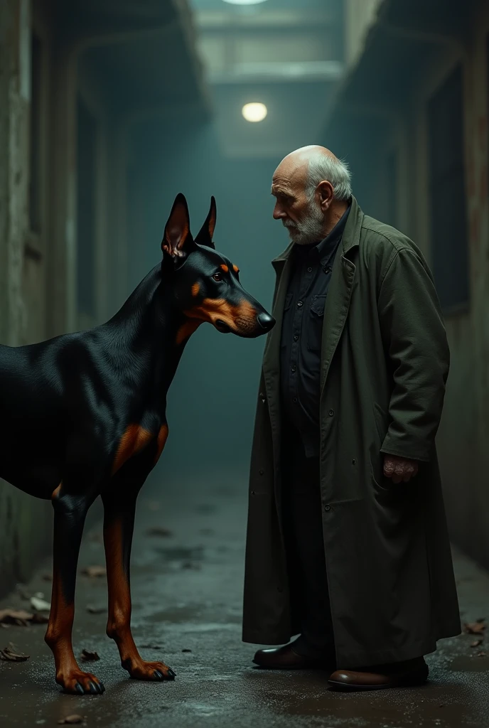 Doberman dog with a bald old man