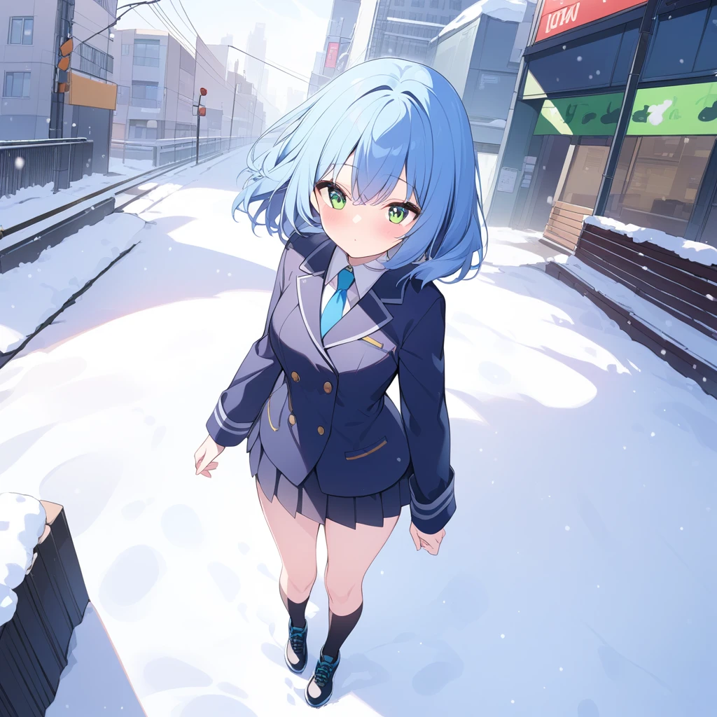 best quality,Ultra-high resolution,1 Girl,Solitary,whole body,snow,City,, Blue Hair,Green Eyes,JK,Uniforms,