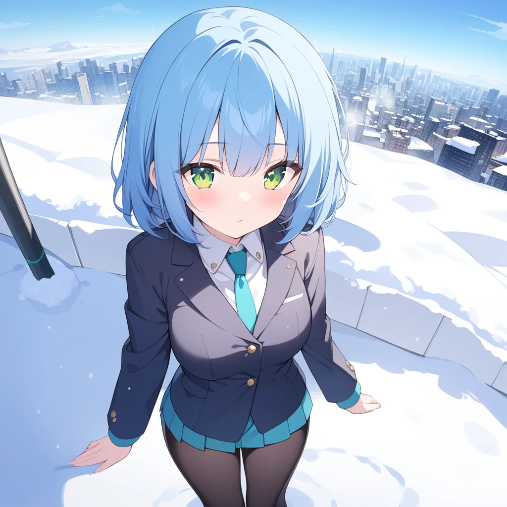 best quality,Ultra-high resolution,1 Girl,Solitary,whole body,snow,City,, Blue Hair,Green Eyes,JK,Uniforms,