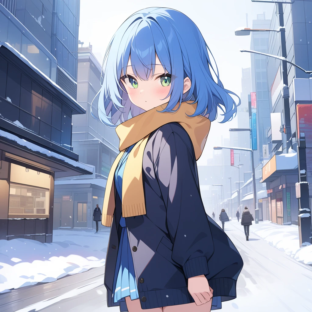 best quality,Ultra-high resolution,1 Girl,Solitary,whole body,snow,City,, Blue Hair,Green Eyes,JK,Uniforms,