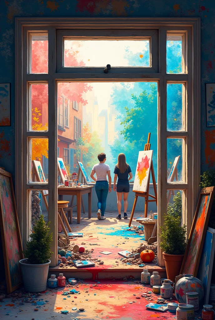 A window frames the view into an art studio. Inside, the place is cluttered but bustling with creative life, with paintbrushes, half-finished canvases, and smears of paint scattered all over the place.