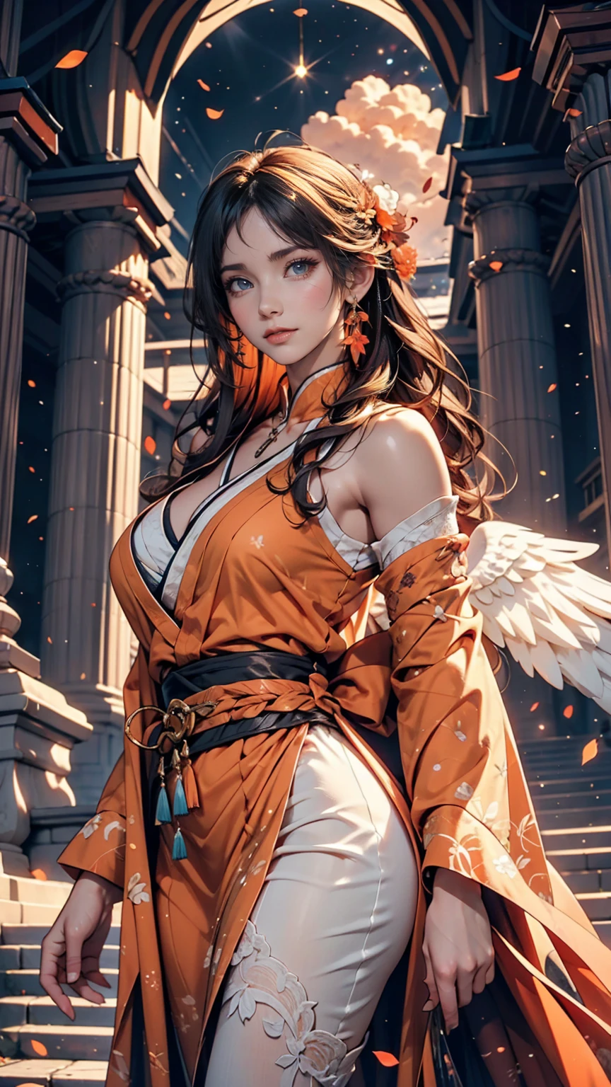 An angelic being without human affection, woman、Creator of the Universe, myth, The background of the image is, Heavenly Mountain Scenario, Orange Clouds. The image style should be cartoon-like, With powerful and impressive strokes, 登場人物にはmythや天使の要素が加わっている