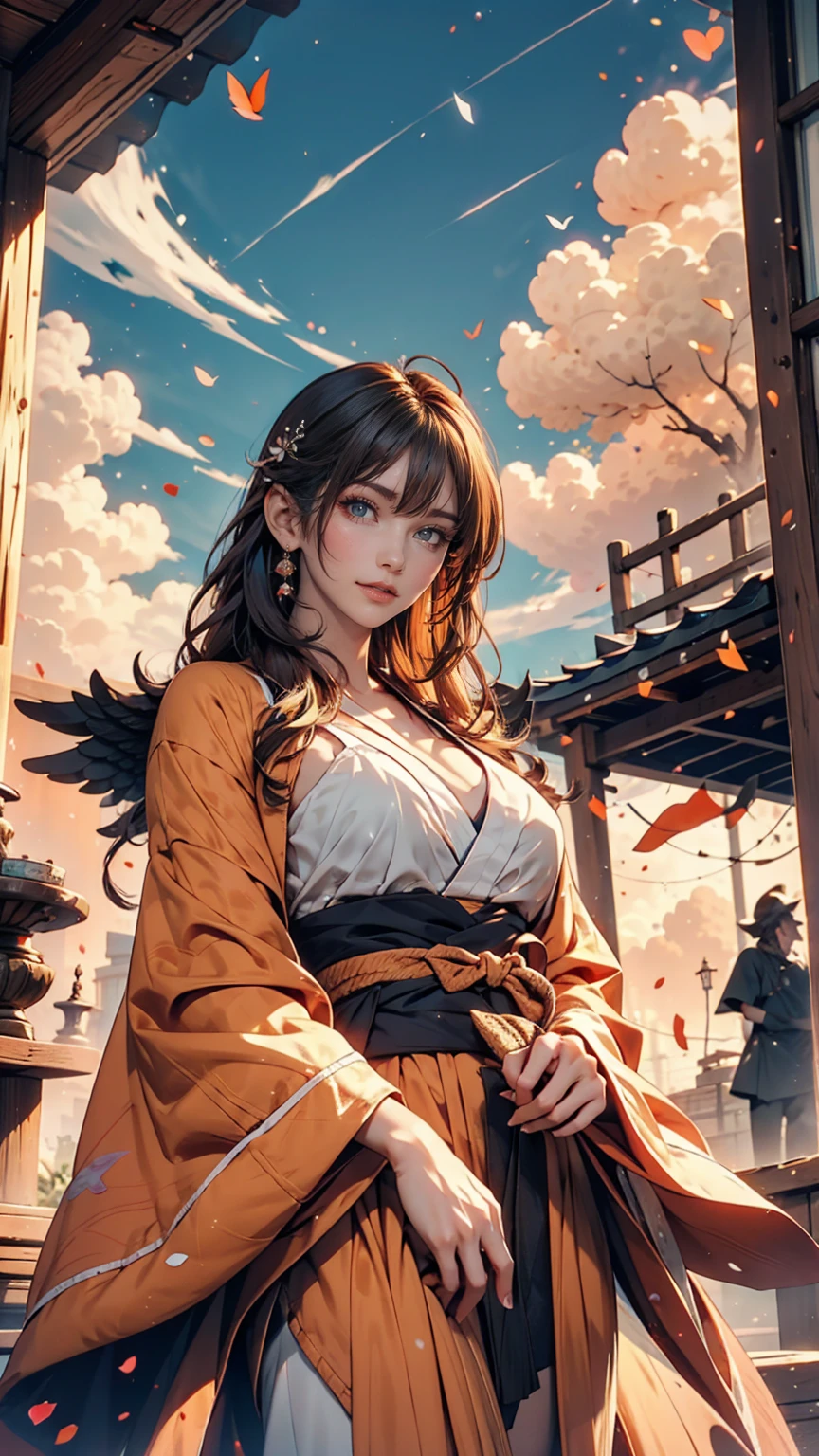 An angelic being without human affection, woman、Creator of the Universe, myth, The background of the image is, Heavenly Mountain Scenario, Orange Clouds. The image style should be cartoon-like, With powerful and impressive strokes, 登場人物にはmythや天使の要素が加わっている
