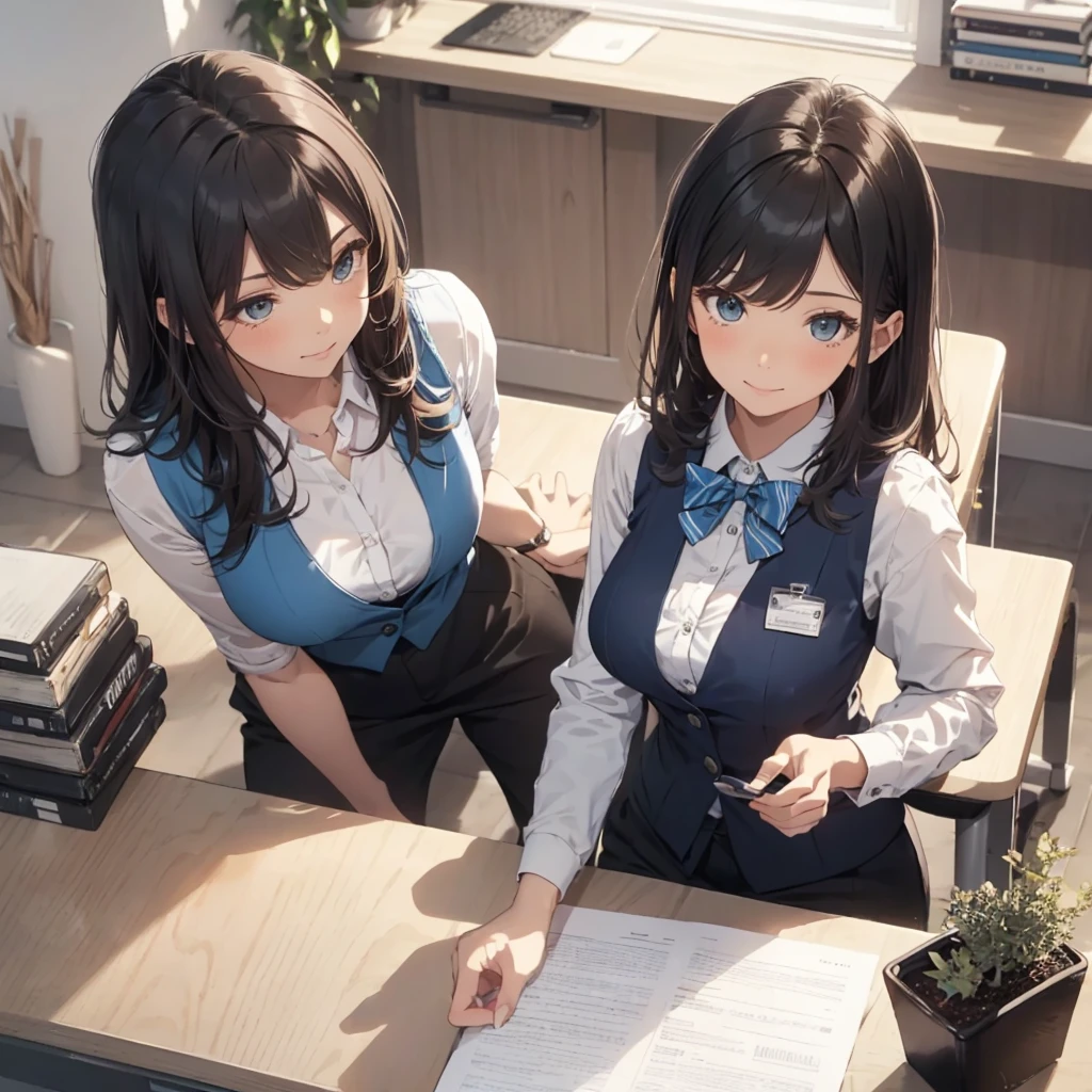 1lady solo, sitting, (from above), office worker, ((blue vest) over white dress shirt), mature female, /(dark brown hair/), kind smile, (masterpiece best quality:1.2) delicate illustration ultra-detailed, large breasts,bowtie BREAK (modern office) indoors, (reception desk), entrance, detailed background