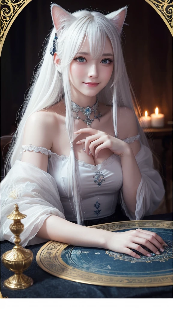 (masterpiece, highest quality, highest quality, official art, beautiful and aesthetic: 1.2), (one girl: 1.3), wavy long hair, white hair, Cat ears on the head,highly detailed portrait, highly detailed hands, looking at the viewer, alone, (whole body: 0.6), detailed background, close, shining eyes, (cold arctic winter theme: 1.1), fortune teller, Charlatan, grin, Mysterious, sitting at the table, カラフルな肩のないゆるいジプシーfortune tellerの服, holy grail, tarot cards, Crystal jade, Medieval (inner tent: 1.1) background, tent curtain on background, dark Mysterious lighting, Shadow, magical atmosphere, starry night, dutch angle, healing and guidance, transcendental beauty, fractal art, Seaweed,