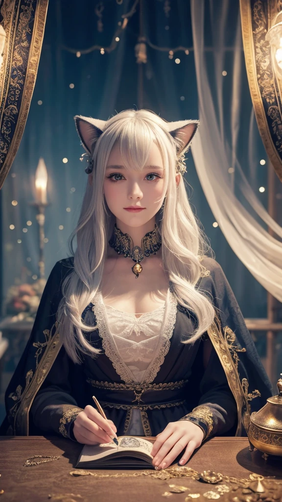 
(masterpiece, highest quality, highest quality, official art, beautiful and aesthetic: 1.2), (one girl: 1.3), wavy long hair, white hair, Cat ears on the head,highly detailed portrait, highly detailed hands, looking at the viewer, alone, (whole body: 0.6), detailed background, close, shining eyes, (cold arctic winter theme: 1.1), fortune teller, Charlatan, grin, Mysterious, sitting at the table, カラフルな肩のないゆるいジプシーfortune tellerの服, holy grail, tarot cards, Crystal jade, Medieval (inner tent: 1.1) background, tent curtain on background, dark Mysterious lighting, Shadow, magical atmosphere, starry night, dutch angle, healing and guidance, transcendental beauty, fractal art, Seaweed,