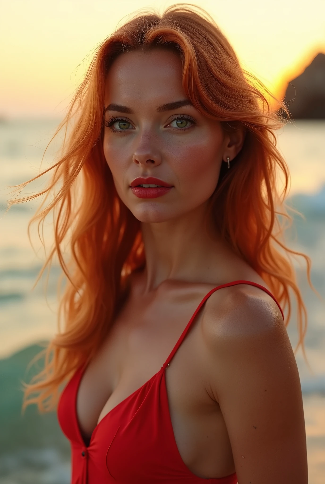 Girl 34 years old, with long copper hair, green eyes, in an open red swimsuit, near the sea in full growth at sunset, Detailed eyes and lips, lip color red,