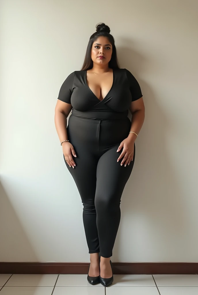 (photorealism:1.2), beautiful indian north indian married woman, 35yo, big boobs, standing against white wall at home with floor tiles, wearing semi-professional office top with deep cleavage and matching leggings, high stilletos, long straight hair bun, sitting in office, soft lighting, nothing in background