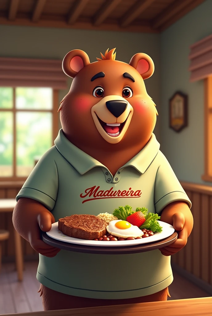 A mature bear, forte fitness, With a smile on his face,wearing a polo shirt that says RESTAURANTE MADUREIRA. Body slightly bent forward, holding a tray, with a plate, containing rice, bean, crisp, beef steak, fried egg and salad. It's in a rustic, woodsy restaurant. アニメ