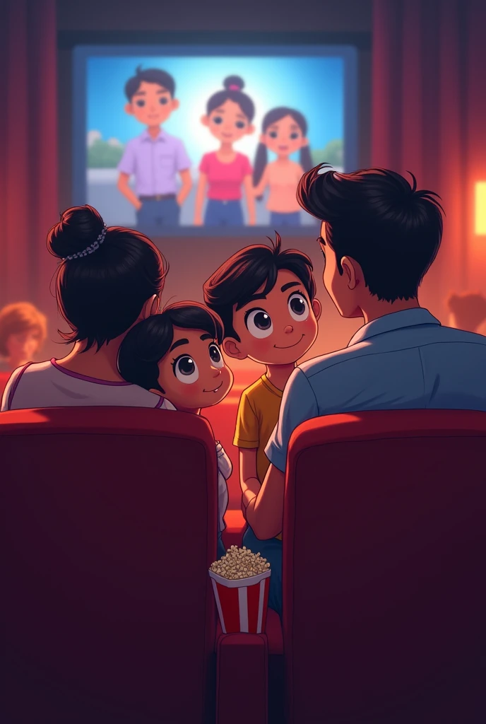 Draw a boy girl and his sister and mom and father as a tamil where in a theatre
anime charachter