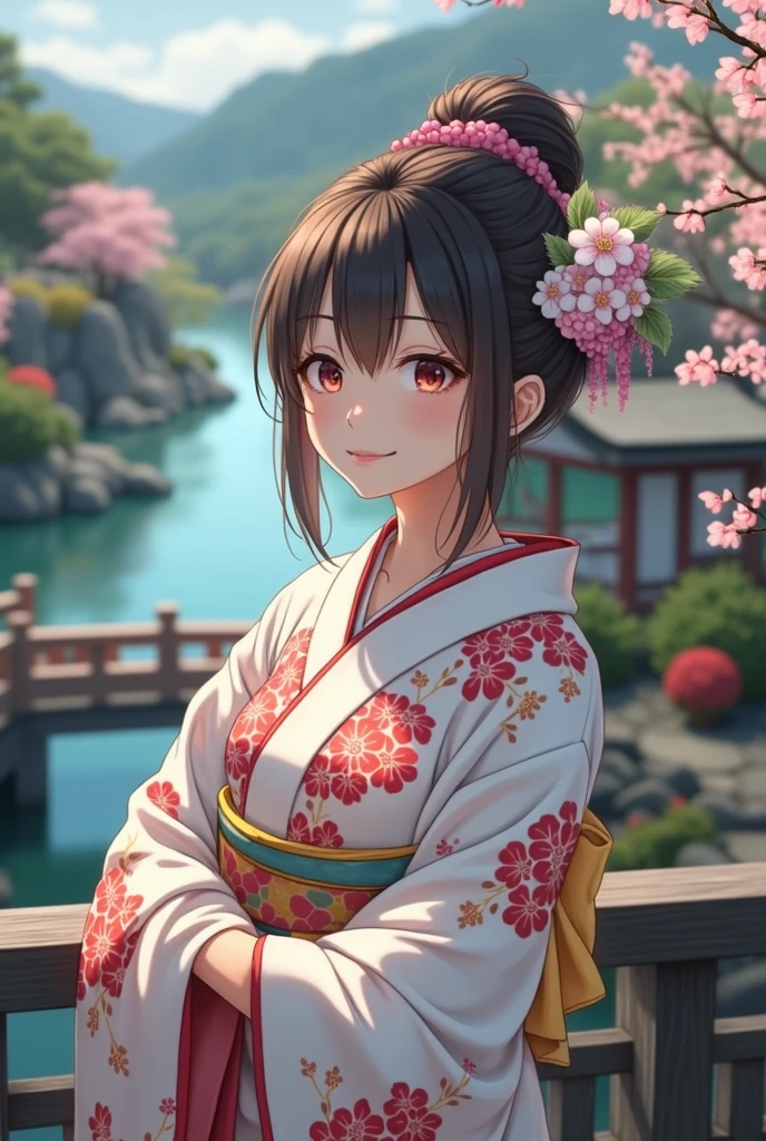 (masterpiece、Highest quality、8k、High resolution)、Traditional Japanese beauty in kimono、The best girl in anime、Floral pattern on white background、Vibrant colors、Japanese garden、There is a pond、Colorful flowers、Vibrant colors、Cherry Blossom、There is a drum bridge、A complete portrayal、Detailed anime art、
