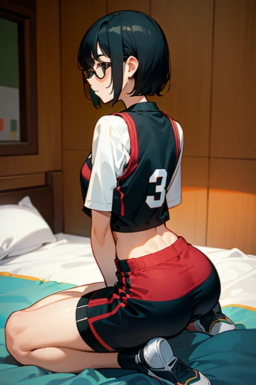 A girl with glasses, short black hair, a basketball uniform with a crop top and shorts, shy pose, sitting with her back arched, showing her thighs, kneeling on a bed, a view from behind, showing her back.
