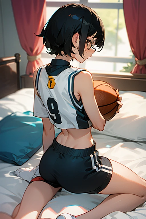A girl with glasses, short black hair, a basketball uniform with a crop top and shorts, shy pose, sitting with her back arched, showing her thighs, kneeling on a bed, a view from behind, showing her back.