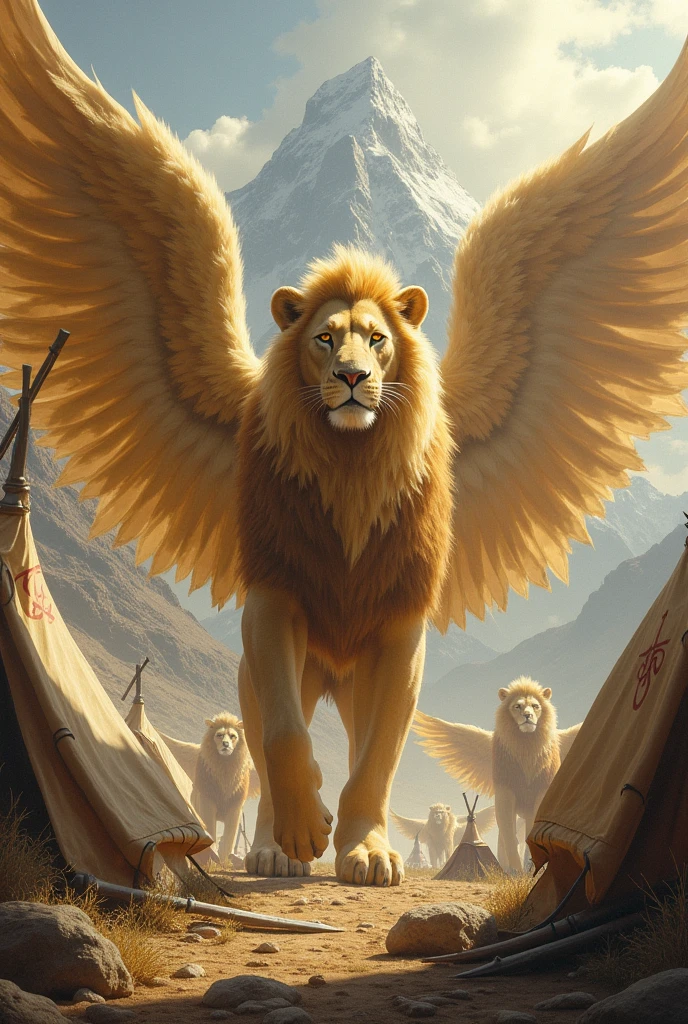 ARMY OF LION ANGELS WITH HUGE WINGS PROTECTING A CAMP