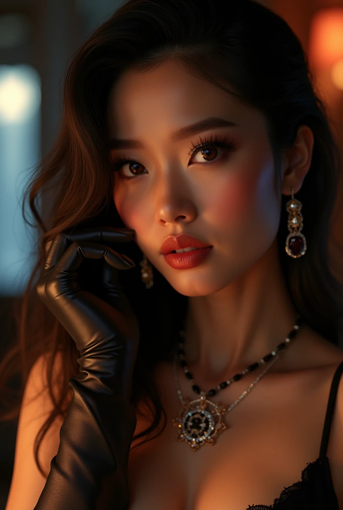 a sexy asian woman wearing high heels, sexy gloves, beautiful detailed eyes, beautiful detailed lips, extremely detailed eyes and face, long eyelashes, elegant pose, dramatic lighting, cinematic, photorealistic, 8k, high quality, intricate details, chiaroscuro, dramatic shadows, vibrant colors, rich textures, beautiful jewelry, cinematic composition, striking atmosphere, dramatic mood