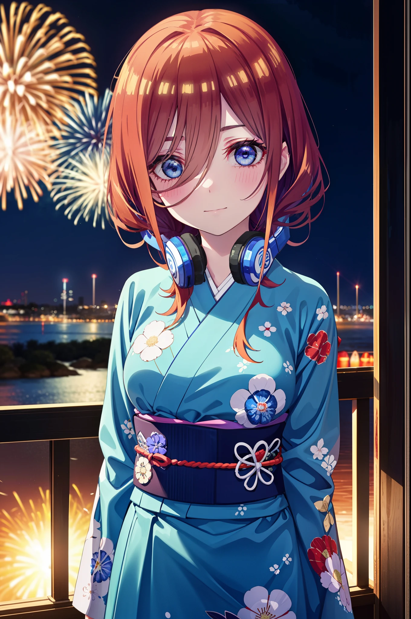 Miku Nakano, miku nakano, Long Hair, bangs, blue eyes, Brown Hair, shirt, Hair between the eyes, Headphones around neck,hair tied back,Flower Hair Ornaments,smile,blush,Blue flower pattern kimono,Blue long skirt,Fireworks in the night sky,Fireworks,The place is a fireworks display,Time is night,sunny day,日本のfestival,夏festivalの屋台,Red lantern,whole bodyがイラストに入るように,
break outdoors, garden,festival,
break looking at viewer, whole body, (Cowboy Shot:1. 5),
break (masterpiece:1.2), Highest quality, High resolution, unity 8k wallpaper, (figure:0.8), (Beautiful attention to detail:1.6), Highly detailed face, Perfect lighting, Highly detailed CG, (Perfect hands, Perfect Anatomy),