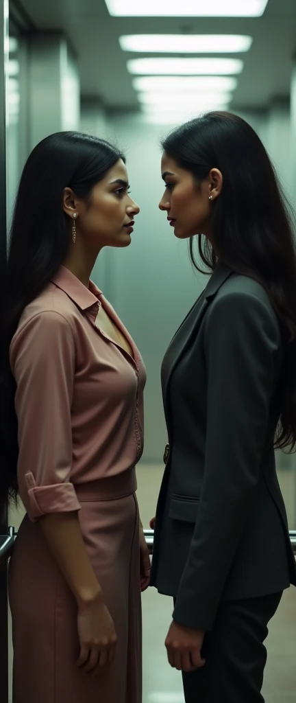 A Indian women married age 32 have very big boobs wearing office attire standing in elevator her rival staring her nose to nose she was wearing office attire age 32 very big boobs long hair black married women both pink lips light makeup, ultra HD 4k masterpiece realistic, ultra sharpe picture quality