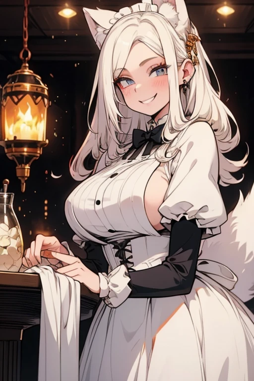 A young white haired woman with copper eyes and an hourglass figure with white fox ears and a white fox tail in a Lolita maid uniform is setting a table in a fancy maid cafe with a big smile