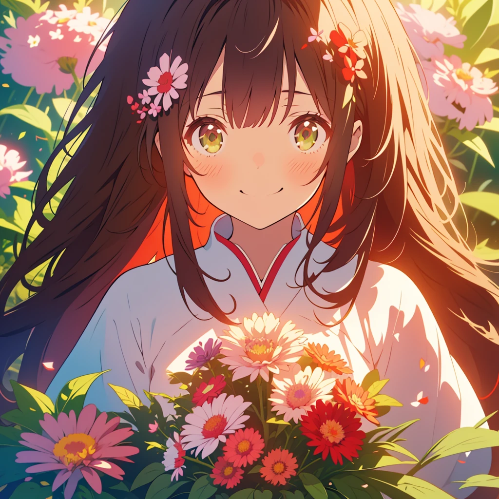 kawaii, anime, Cute, hyper quality, highly detailed, 8k, Clarity, Draw facial expressions in detail, Girl with long dark brown hair and green eyes, red aster flower, red and white aster flowers, whole body, love, smile,