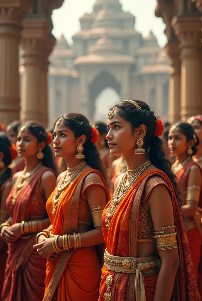 Many people, both men and women, with white skin, ancient Indian costumes, the background is an ancient temple paradise.