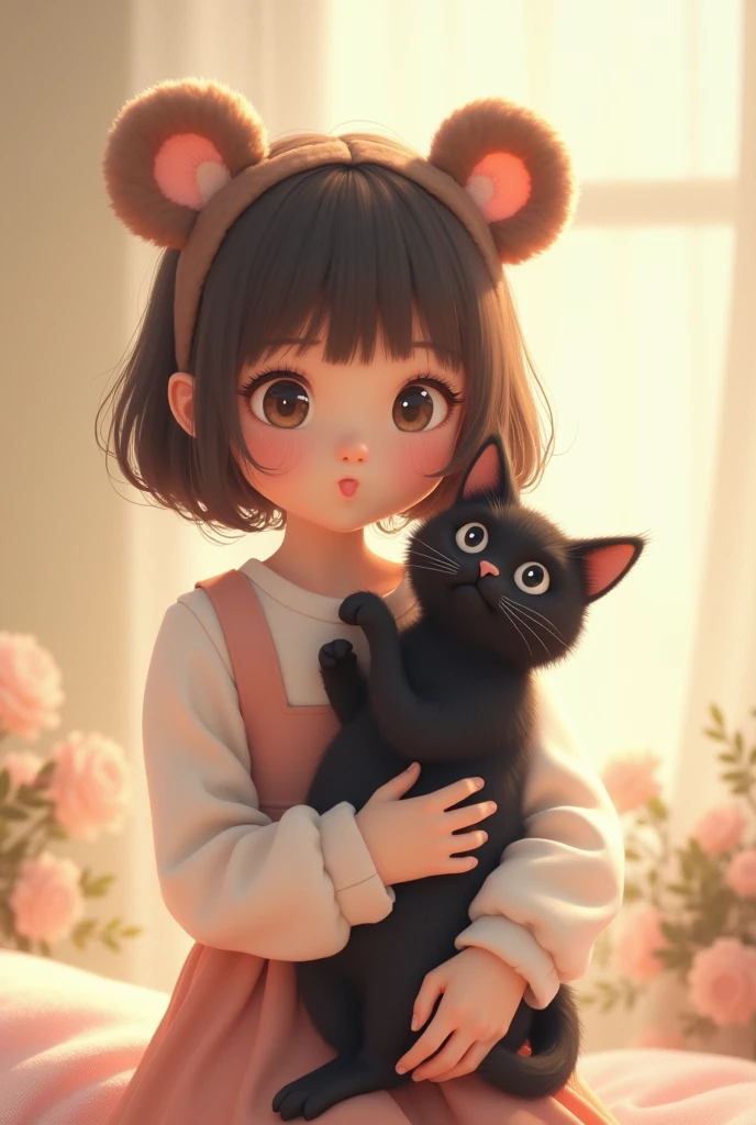 Cute girl wearing bear ears holding a black cat