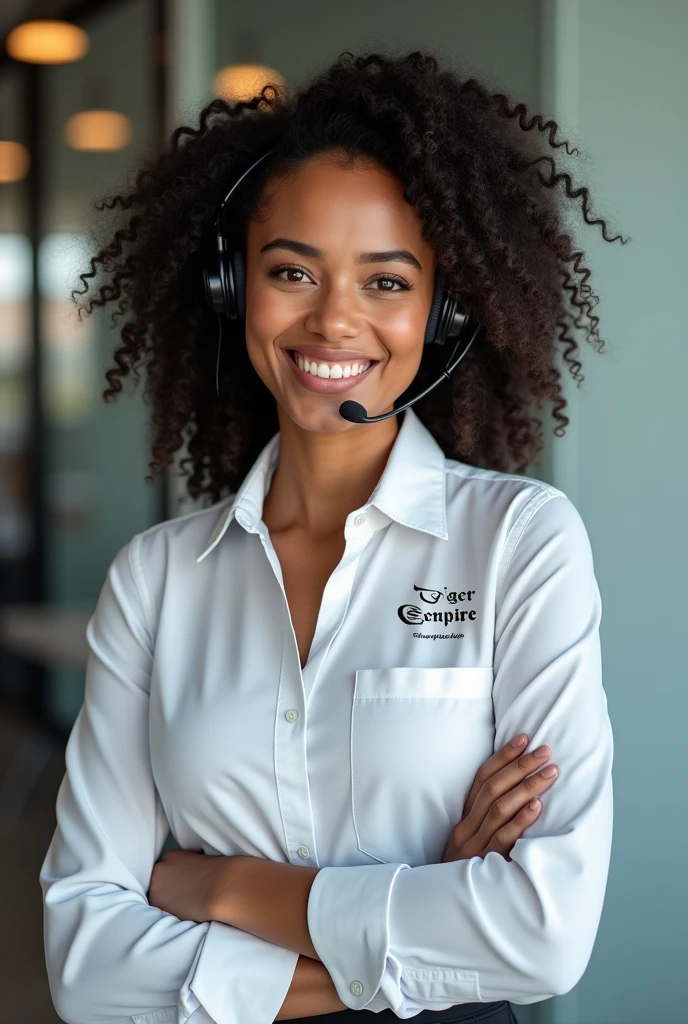Make me a realistic white latina woman for my store,eyes browns,Black curly hair, be wearing a full-length button-down tailored sleeve dress shirt,that she is smiling,I want this phrase printed on the clothes "Tiger Empire" being on the left chest and which appears to be very professional. That you are using headphones ,with microphone
