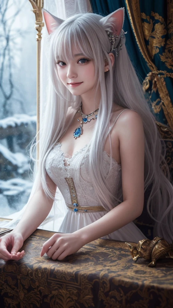 (masterpiece, highest quality, highest quality, official art, beautiful and aesthetic: 1.2), (one girl: 1.3), wavy long hair, white hair, Cat ears on the head,highly detailed portrait, highly detailed hands, looking at the viewer, alone, (whole body: 0.6), detailed background, close, shining eyes, (cold arctic winter theme: 1.1), fortune teller, Charlatan, grin, Mysterious, sitting at the table, カラフルな肩のないゆるいジプシーfortune tellerの服, holy grail, tarot cards, Crystal jade, Medieval (inner tent: 1.1) background, tent curtain on background, dark Mysterious lighting, Shadow, magical atmosphere, starry night, dutch angle, healing and guidance, transcendental beauty, fractal art, Seaweed,