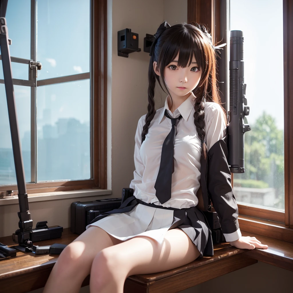 NSFW Anime girl with gun and tie sitting by the window, Kantai Collection Style, (software) Safe at Work, Fascinating anime, by Kamaguruka, by Shimo, , honest shinka, [ 4k digital art ]!!, a Surreal school girl, Zero-chan, honest, Surreal school girl