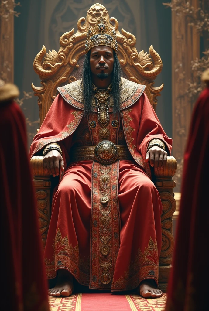 Ngungunhane, now a grown man, is being crowned in a ceremonial setting. He wears a regal outfit: a richly embroidered cape, a beaded crown, and elaborate beadwork. The throne is made of bones and wood, adorned with tribal carvings. The setting is filled with an atmosphere of solemnity and grandeur.