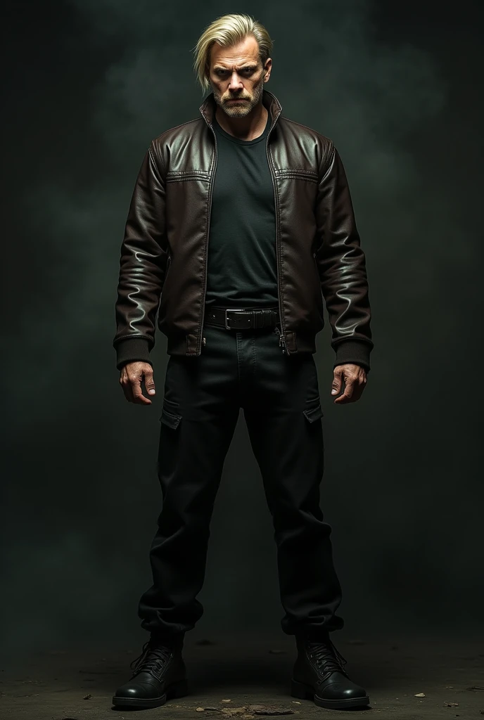 a man named Leo Kenn American with blond hair combed to the side, man's face, badass, angry, angry, thin, handsome, wearing a dark brown leather jacket, black pants, black combat boots, dark, cinematic, epic épico, very realistic photo face, thriller suspense style, resident evil